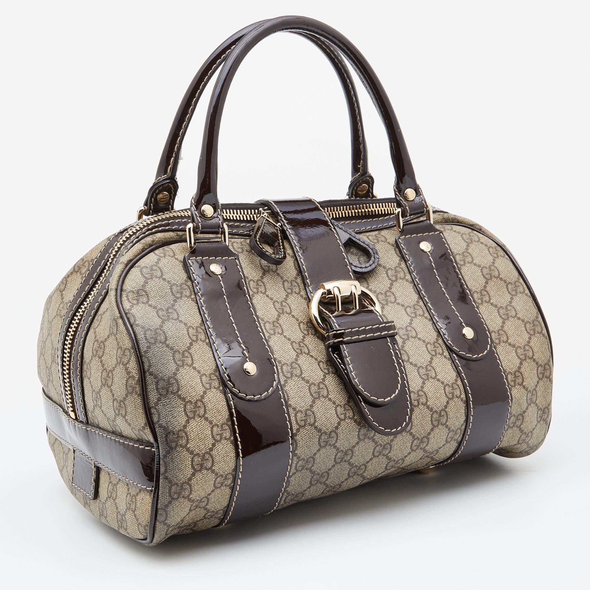 Gucci Beige/Brown GG Supreme Canvas and Patent Leather Boston Bag In Fair Condition In Dubai, Al Qouz 2