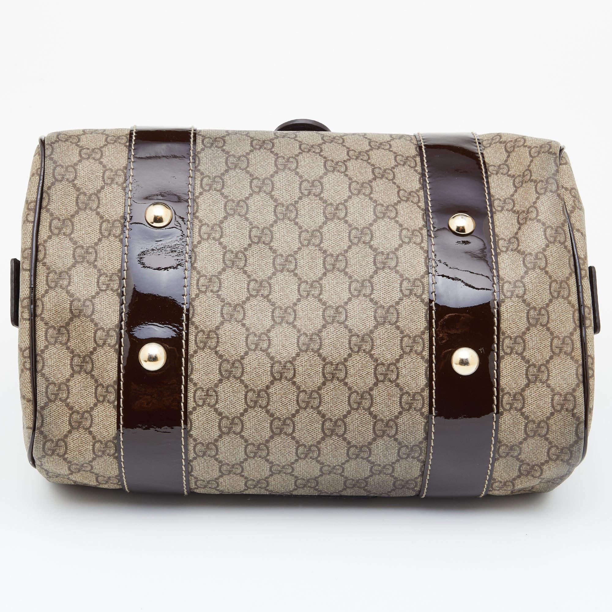 Women's Gucci Beige/Brown GG Supreme Canvas and Patent Leather Boston Bag