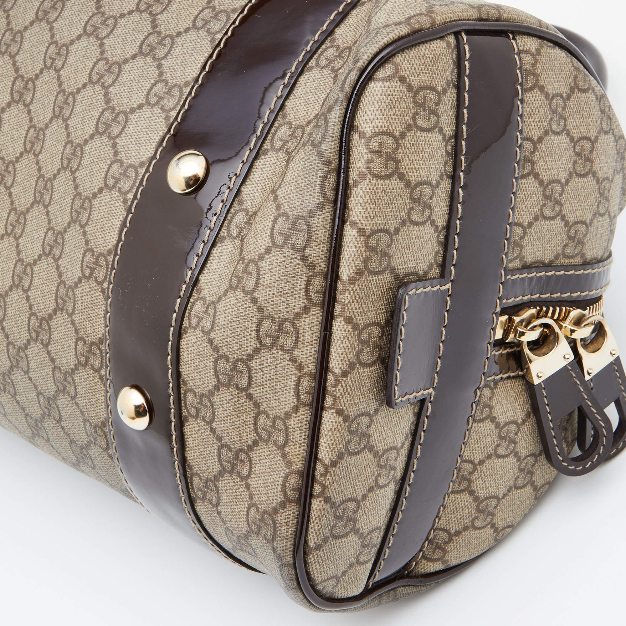 Gucci Beige/Brown GG Supreme Canvas and Patent Leather Boston Bag 2