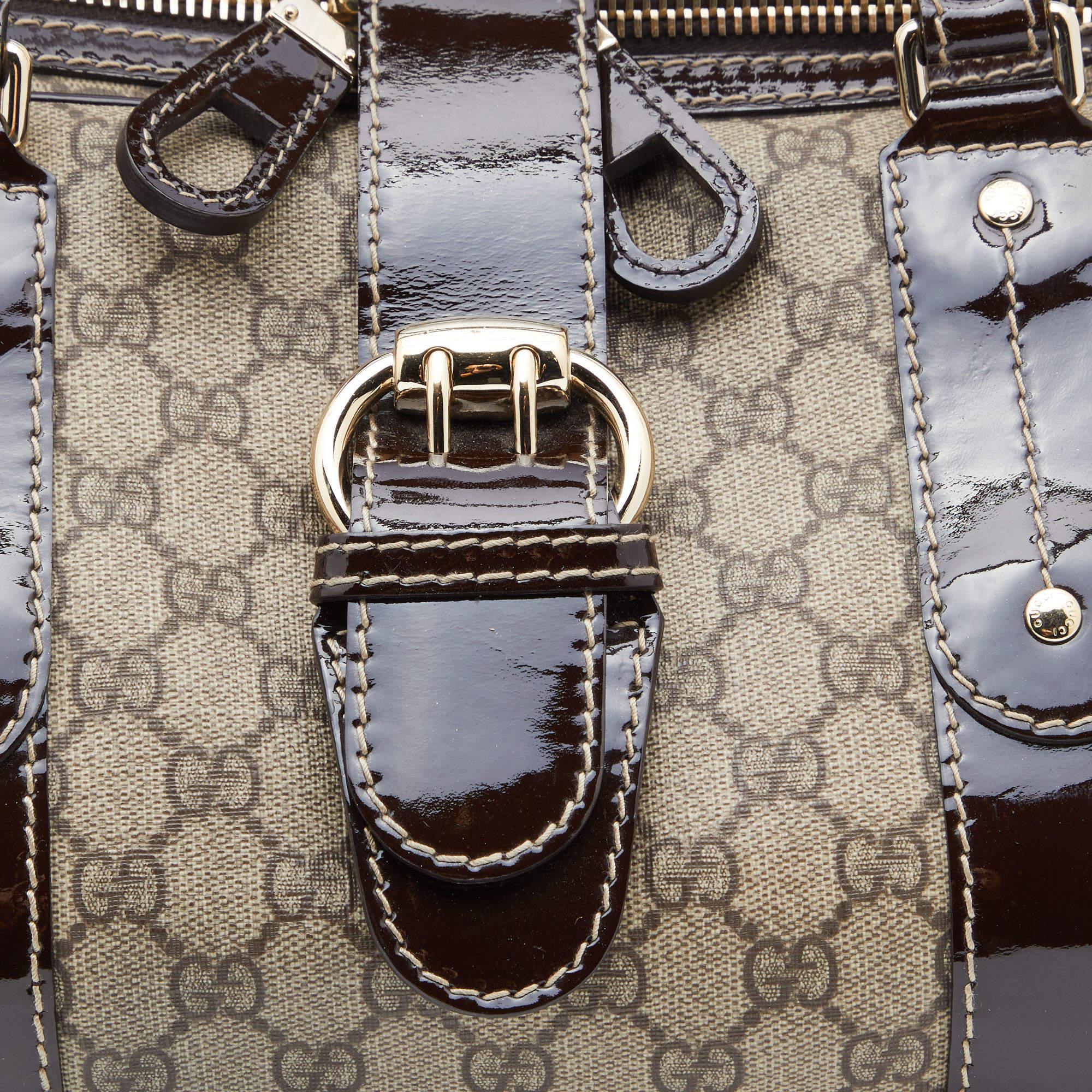 Gucci Beige/Brown GG Supreme Canvas and Patent Leather Boston Bag 4