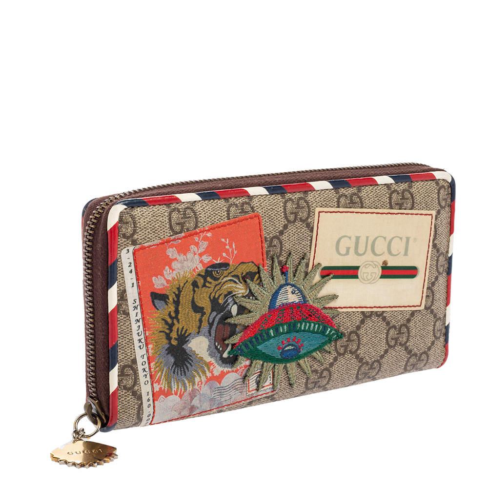 Gucci Beige/Brown GG Supreme Canvas Applique Courrier Zip Around Wallet In Good Condition In Dubai, Al Qouz 2