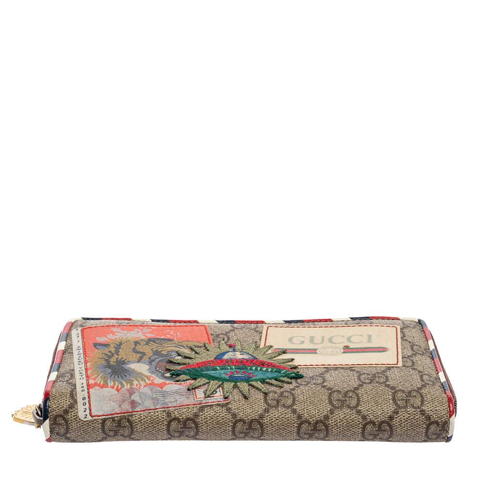 Women's Gucci Beige/Brown GG Supreme Canvas Applique Courrier Zip Around Wallet