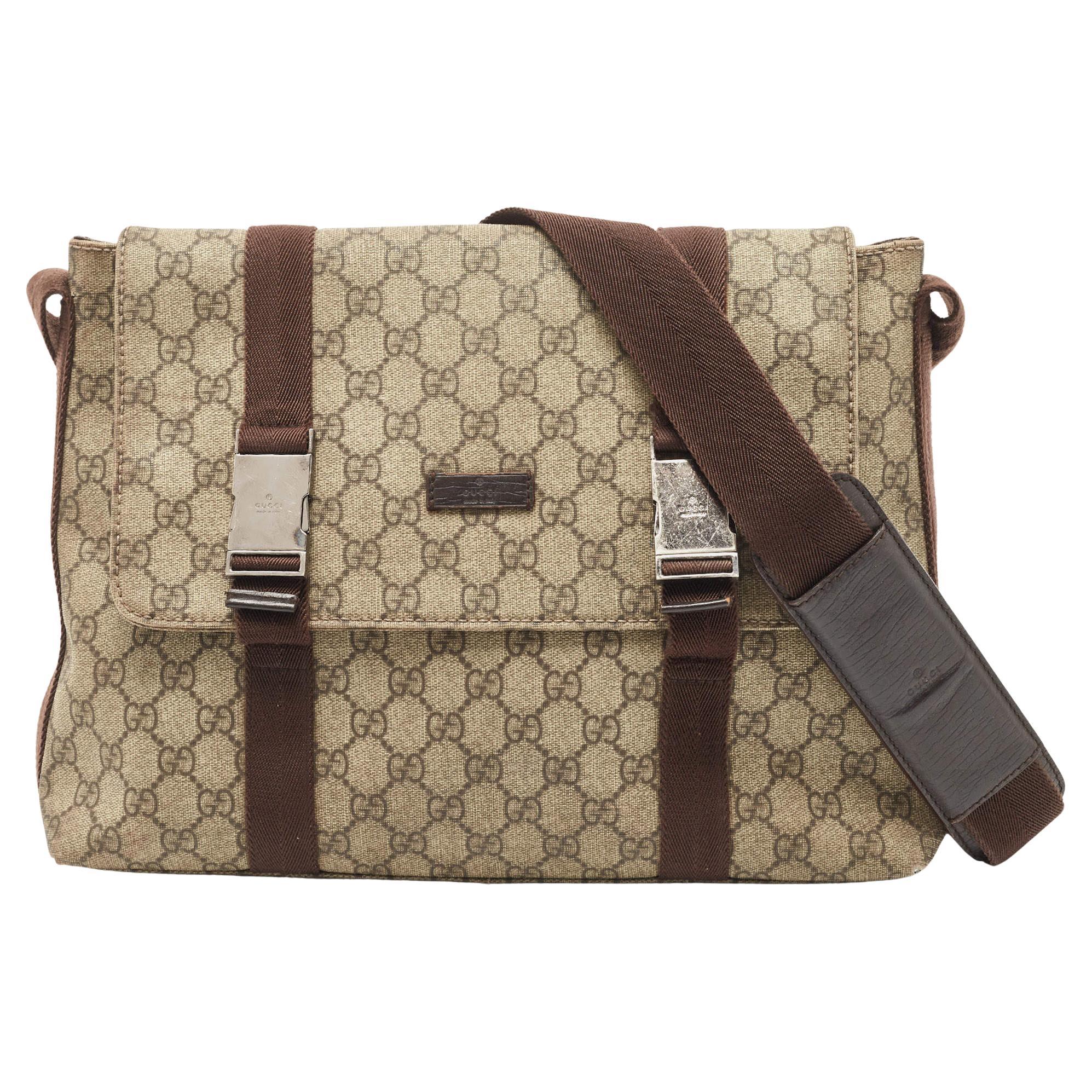 Gucci Beige/Brown GG Supreme Canvas Double Buckle Flap Messenger Bag