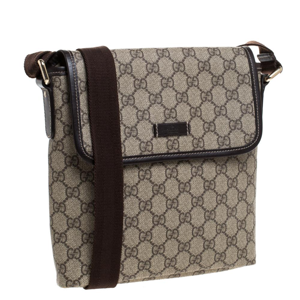 Women's Gucci Beige/Brown GG Supreme Canvas Flat Messenger Bag