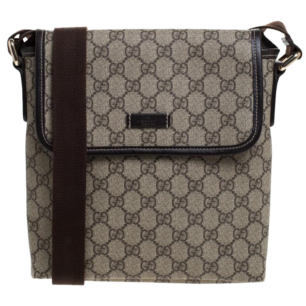 Gucci Beige/Brown GG Supreme Canvas Flat Messenger Bag
