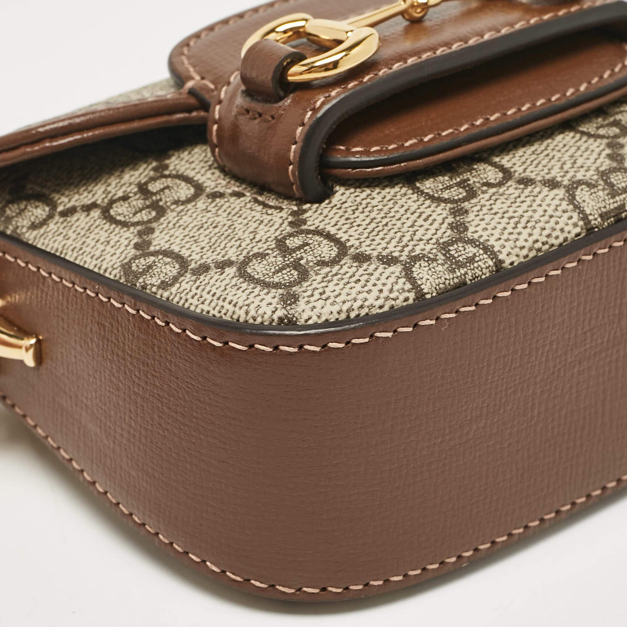 Gucci Beige/Brown GG Supreme Canvas Leather Horsebit 1955 Wallet Crossbody Bag For Sale 5