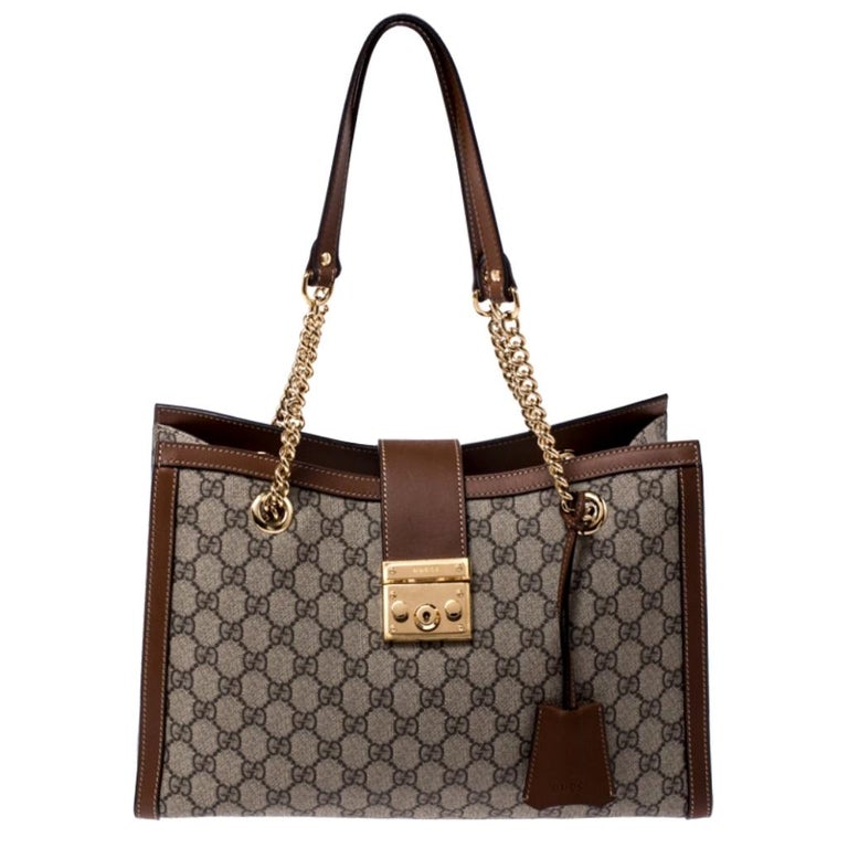 Gucci Beige/Brown GG Supreme Canvas Padlock Medium Tote For Sale at 1stDibs