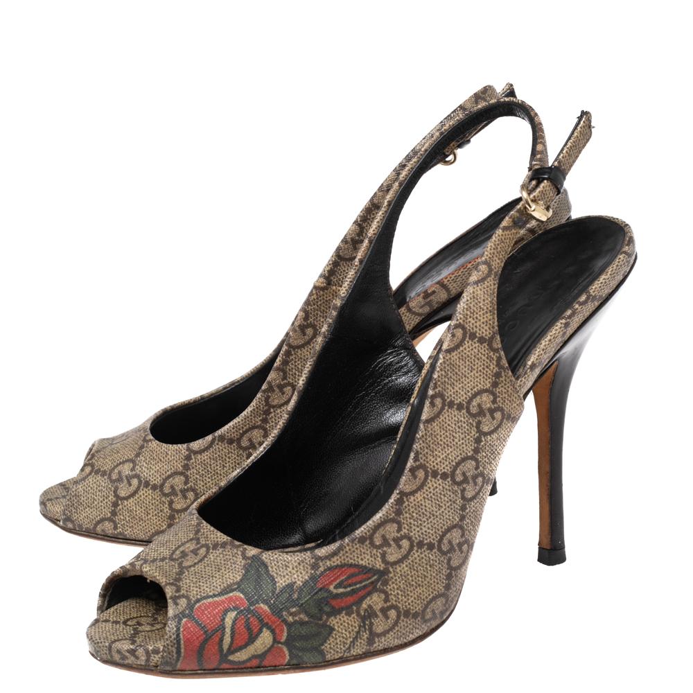 Gucci Beige/Brown GG Supreme Canvas Tattoo Peep-Toe Slingback Pumps Size 36 In Good Condition In Dubai, Al Qouz 2