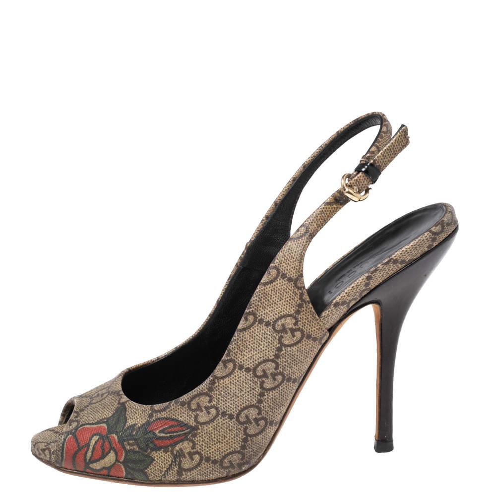 Women's Gucci Beige/Brown GG Supreme Canvas Tattoo Peep-Toe Slingback Pumps Size 36 For Sale