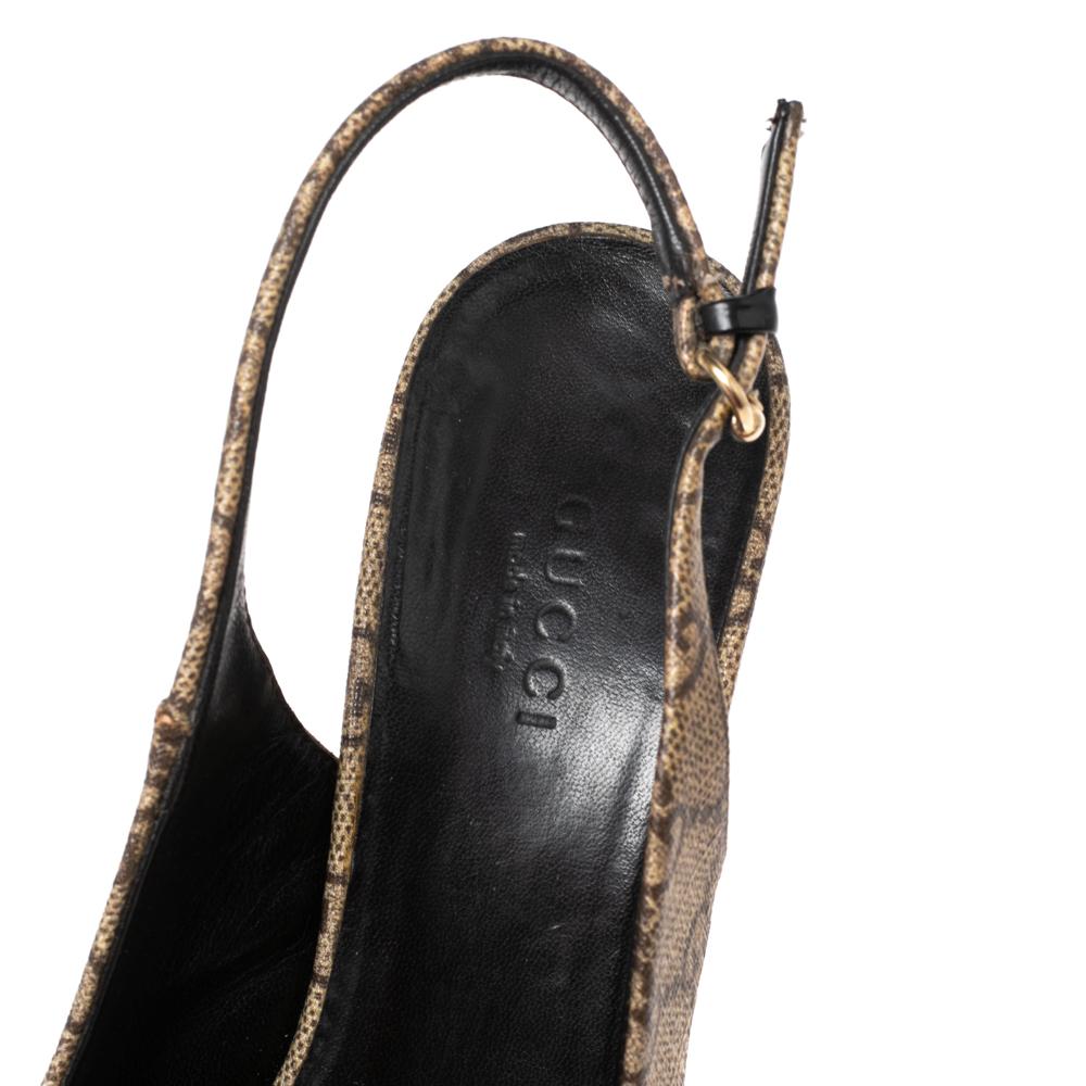 Gucci Beige/Brown GG Supreme Canvas Tattoo Peep-Toe Slingback Pumps Size 36 2