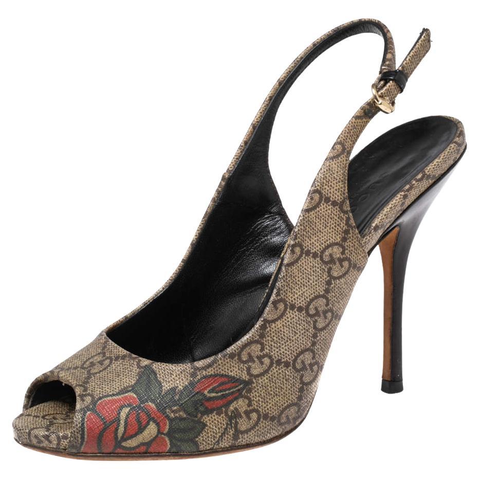 Gucci Beige/Brown GG Supreme Canvas Tattoo Peep-Toe Slingback Pumps Size 36 For Sale