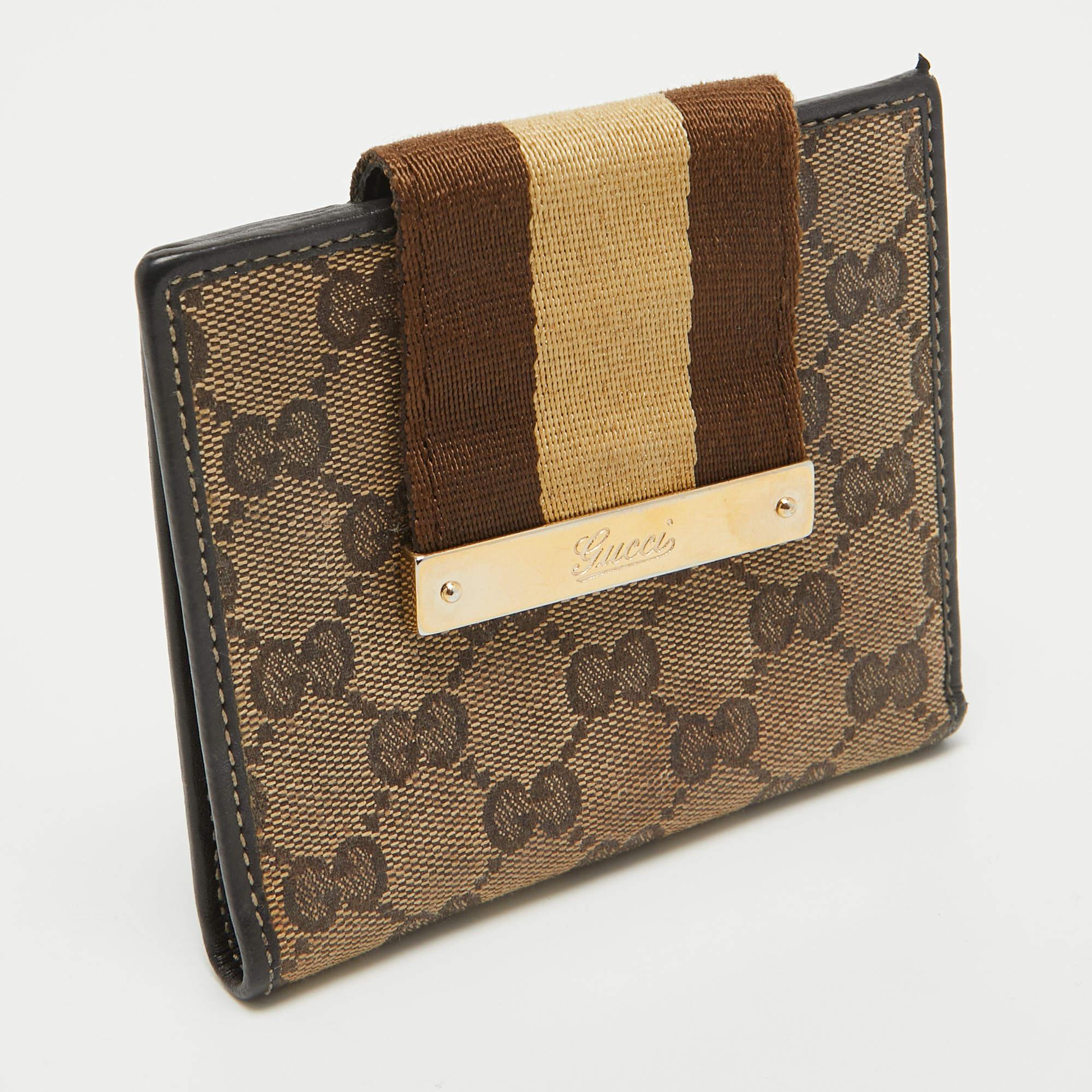 Women's Gucci Beige/Brown GG Supreme Canvas Web Flap French Wallet For Sale