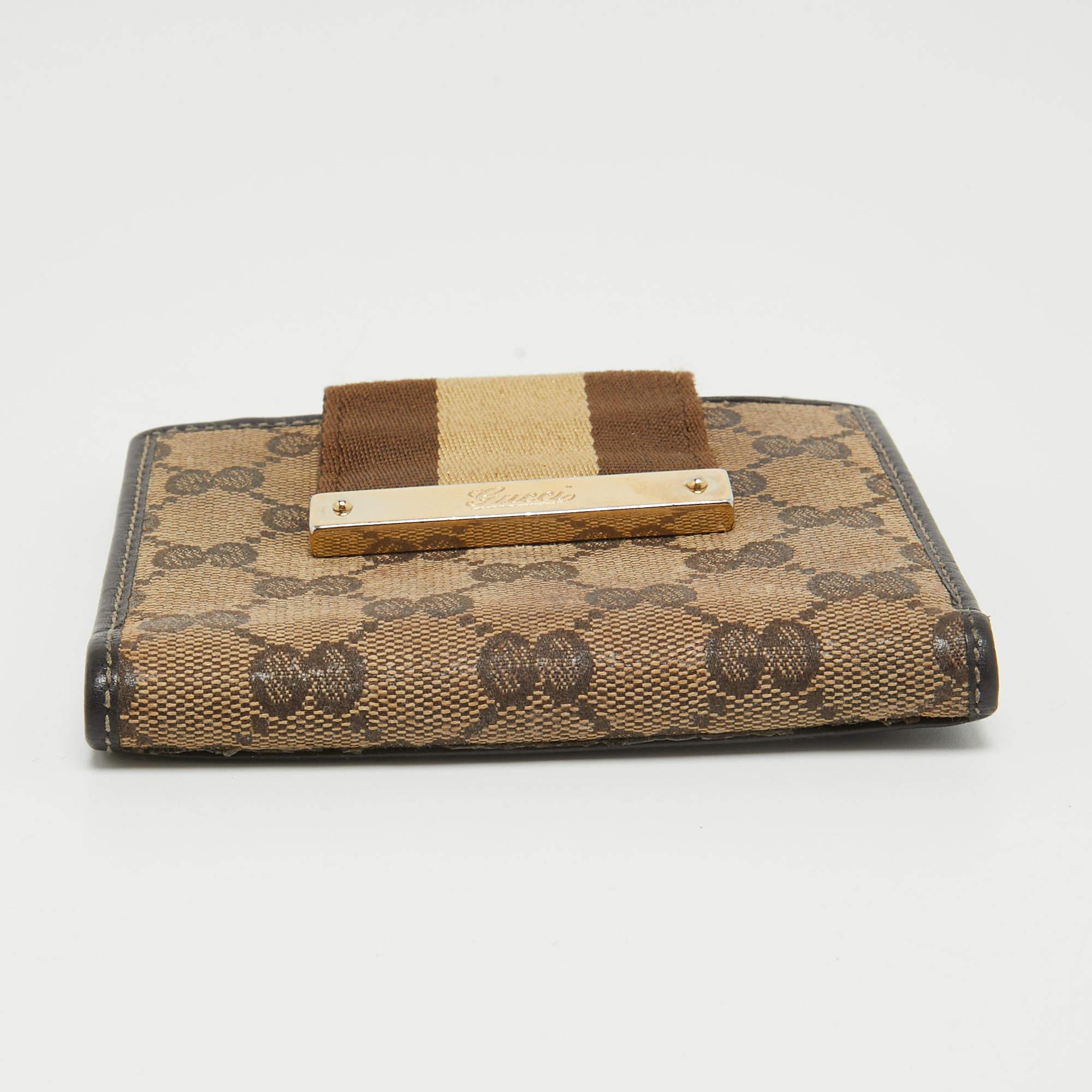 Gucci Beige/Brown GG Supreme Canvas Web Flap French Wallet For Sale 3