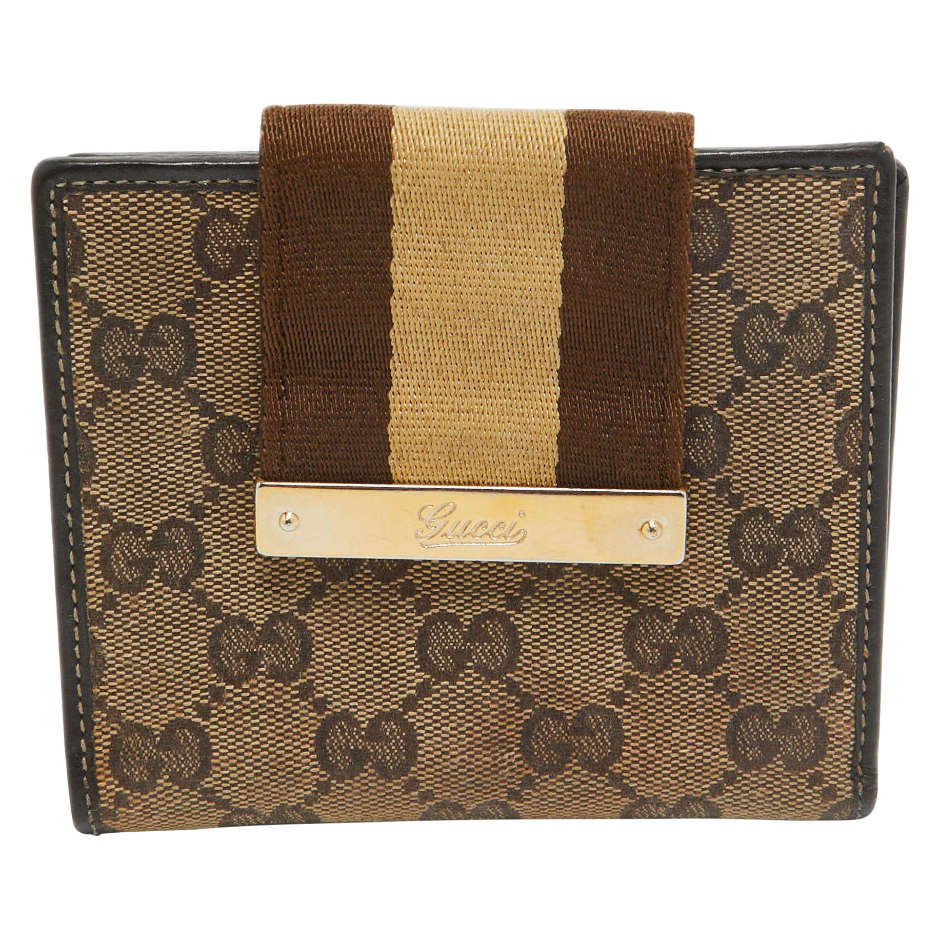 Gucci Beige/Brown GG Supreme Canvas Web Flap French Wallet