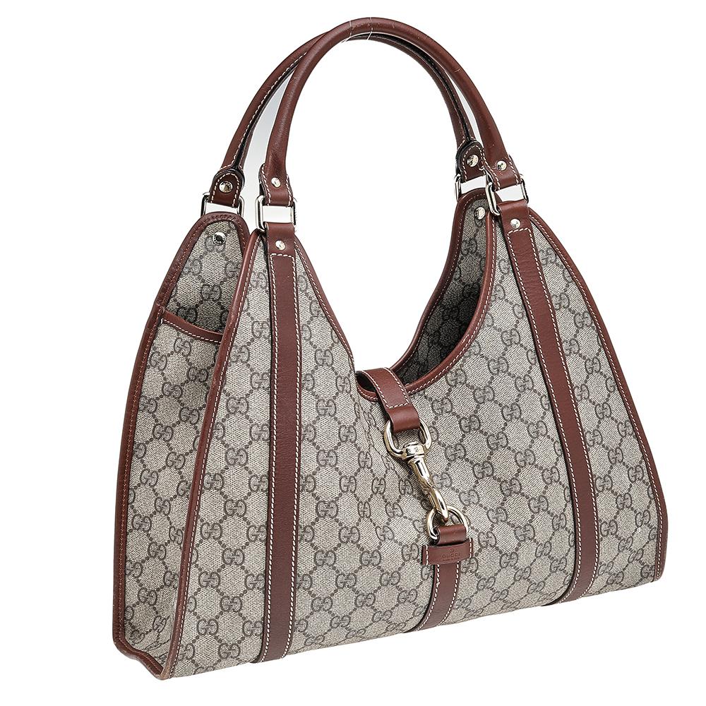 Gray Gucci Beige/Brown GG Supreme Coated Canvas And Leather Jackie O Hobo