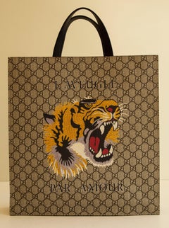 Gucci Beige Brown Guccissima Coated Canvas Tiger Tote Bag