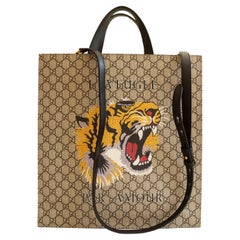 Gucci Beige Brown Guccissima Coated Canvas Tiger Tote Bag