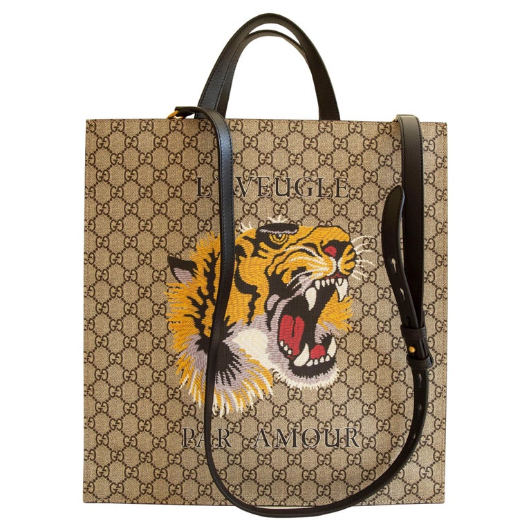 Gucci Beige Brown Guccissima Coated Canvas Tiger Tote Bag For Sale at ...