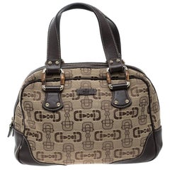 Gucci Beige/Brown Horsebit Canvas and Leather Boston Bag