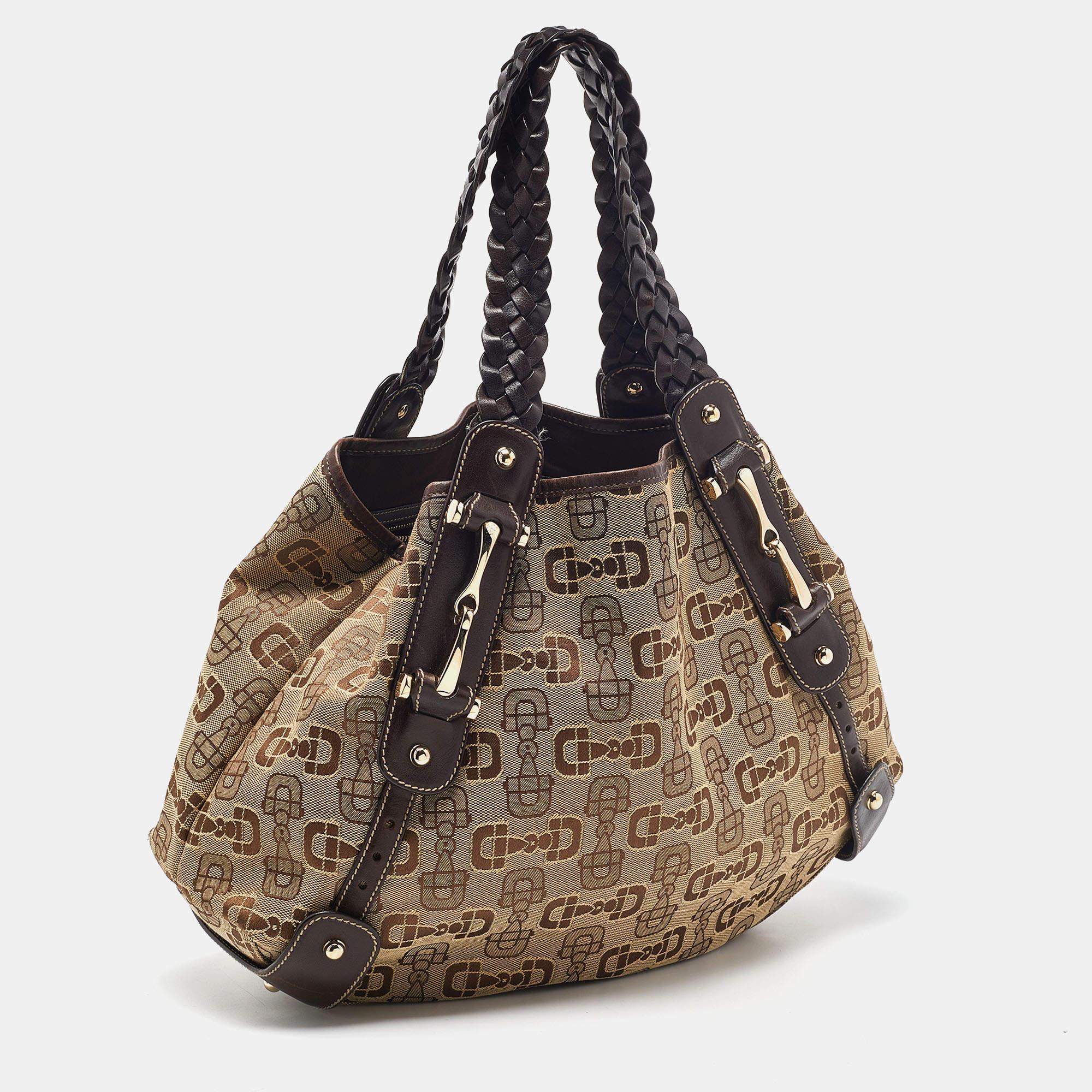 Women's Gucci Beige/Brown Horsebit Canvas and Leather Pelham Tote For Sale