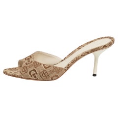 Gucci Beige/Brown Horsebit Print Canvas Slide Sandals Size 37