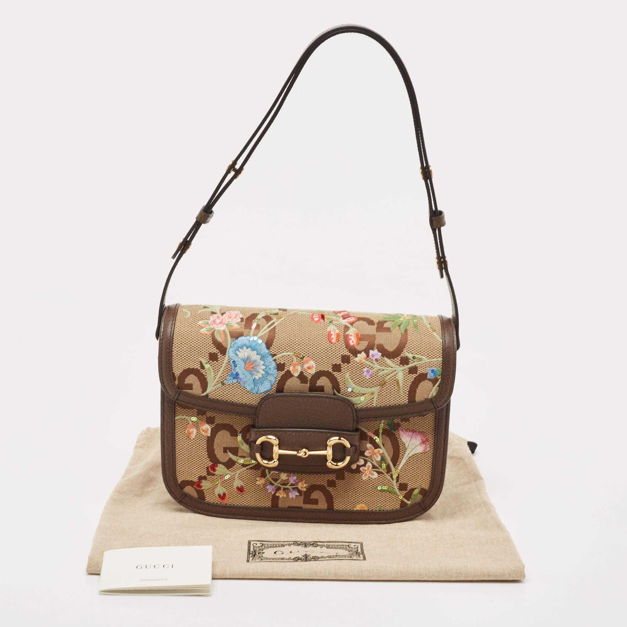 Gucci Beige/Brown Jumbo GG Flower Canvas and Leather Horsebit 1955 Shoulder Bag 10