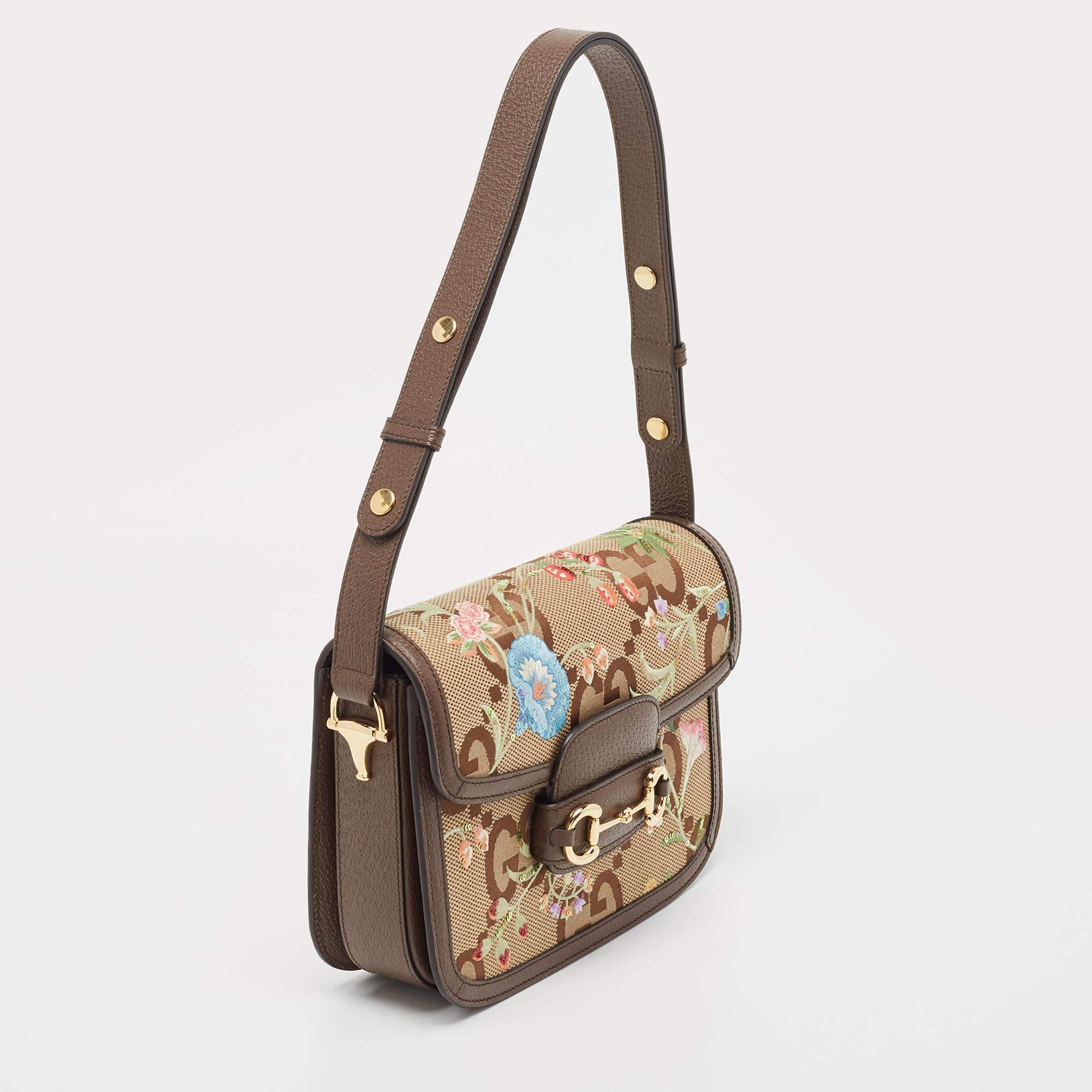 Gucci Beige/Brown Jumbo GG Flower Canvas and Leather Horsebit 1955 Shoulder Bag In Excellent Condition In Dubai, Al Qouz 2