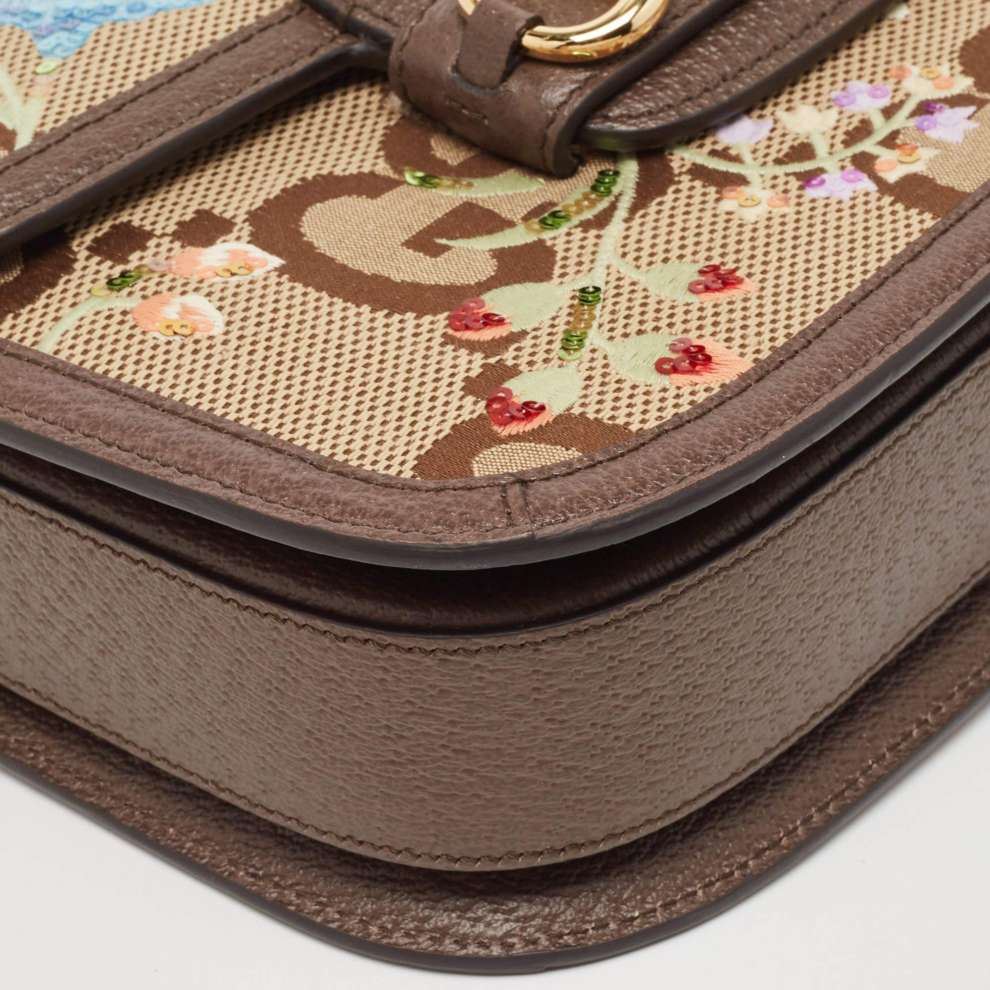 Gucci Beige/Brown Jumbo GG Flower Canvas and Leather Horsebit 1955 Shoulder Bag 1