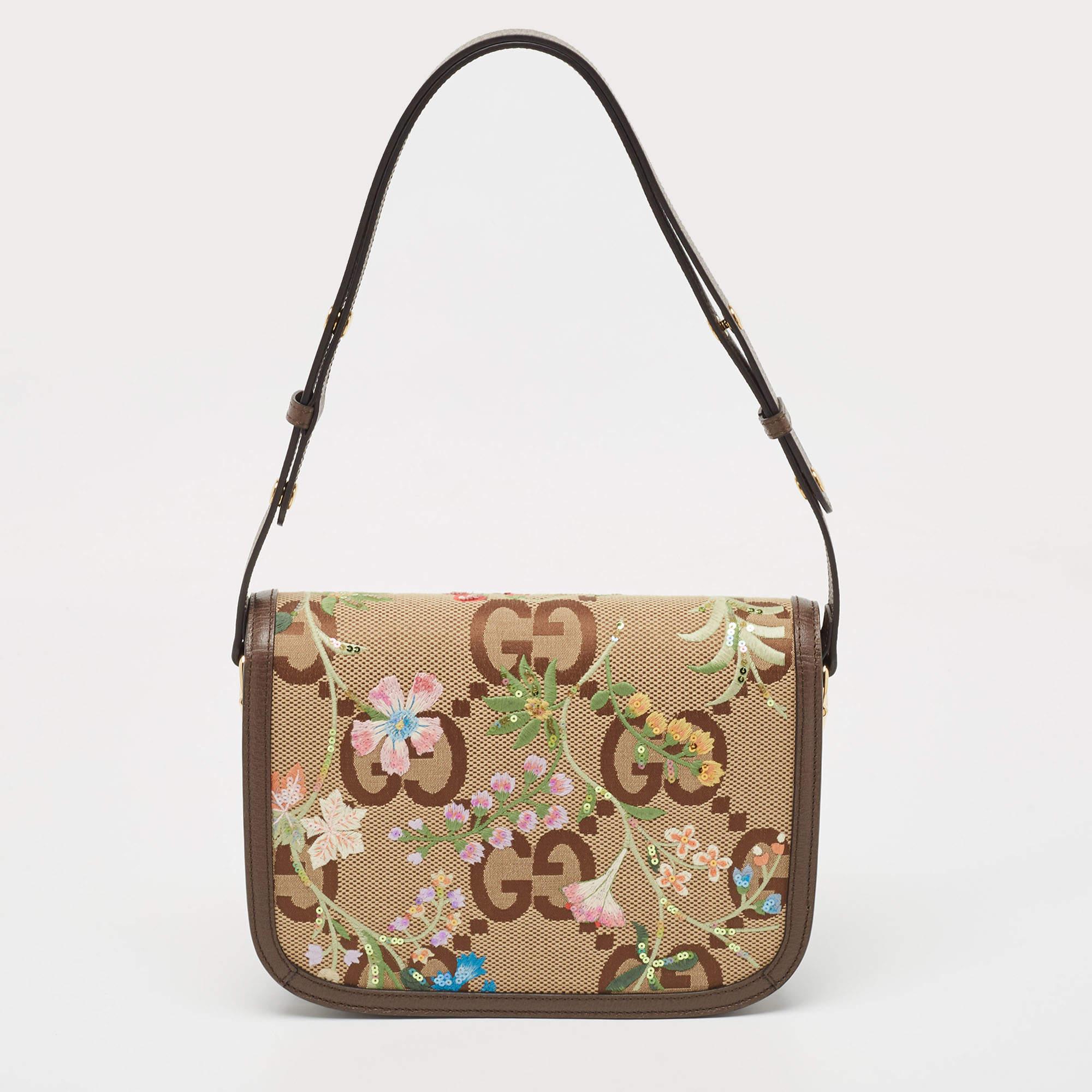 Gucci Beige/Brown Jumbo GG Flower Canvas and Leather Horsebit 1955 Shoulder Bag 3