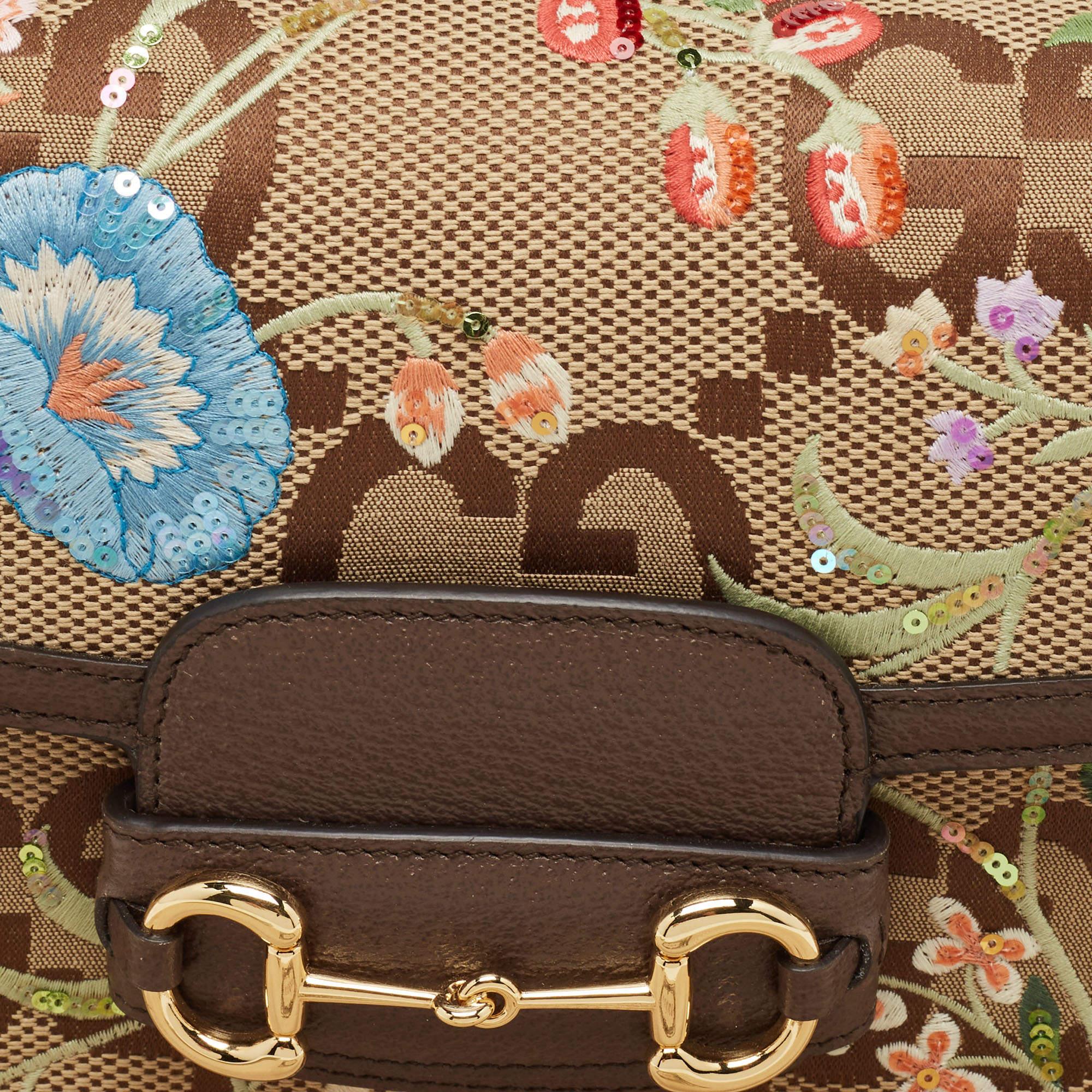 Gucci Beige/Brown Jumbo GG Flower Canvas and Leather Horsebit 1955 Shoulder Bag 4
