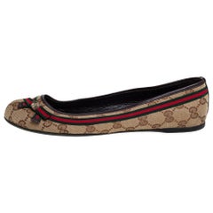 Gucci Beige/Brown Leather And Canvas Mayfair Web Bow Detail Ballet Flats Size 37