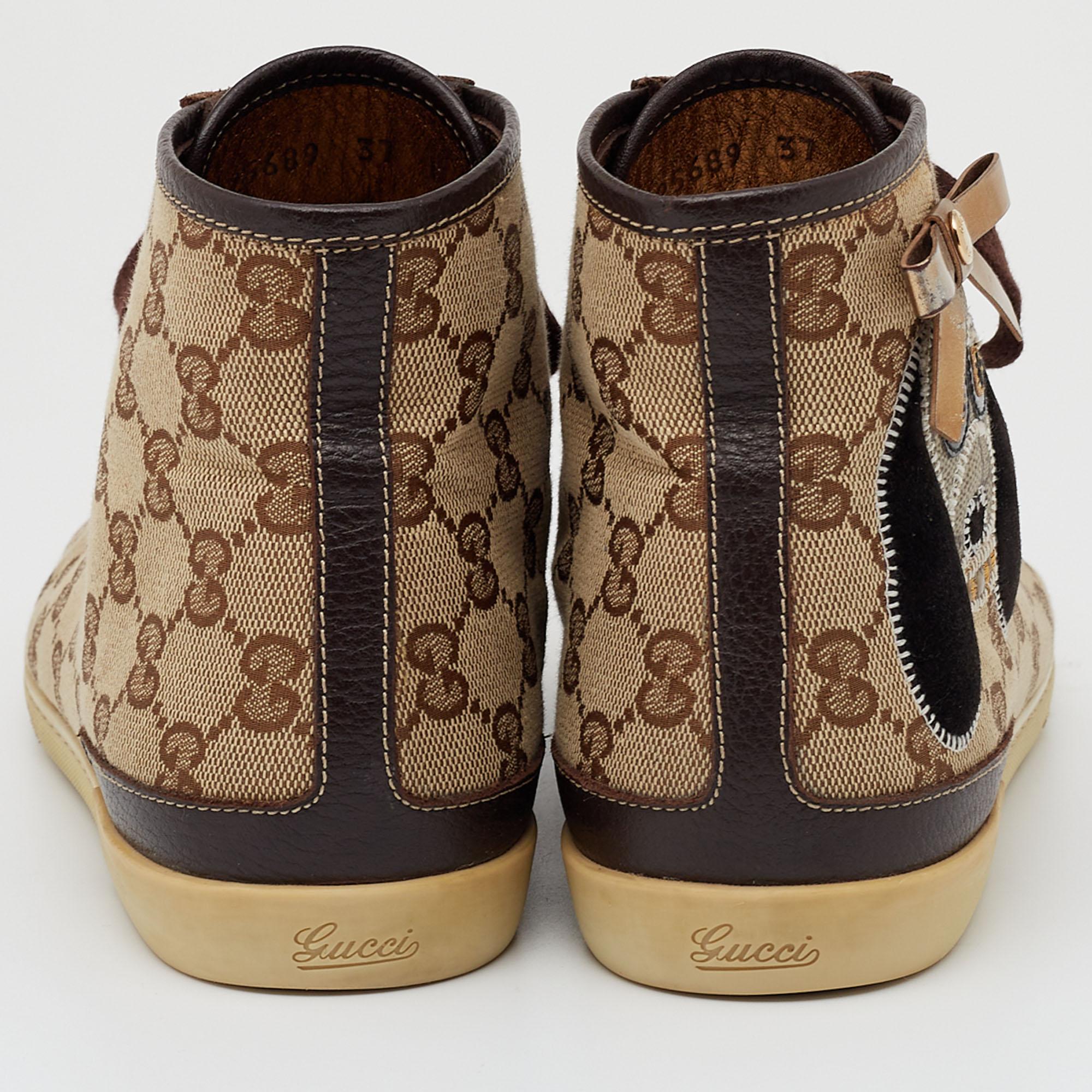 Gucci Beige/Brown Leather And GG Supreme Canvas High Top Sneakers Size 37 1