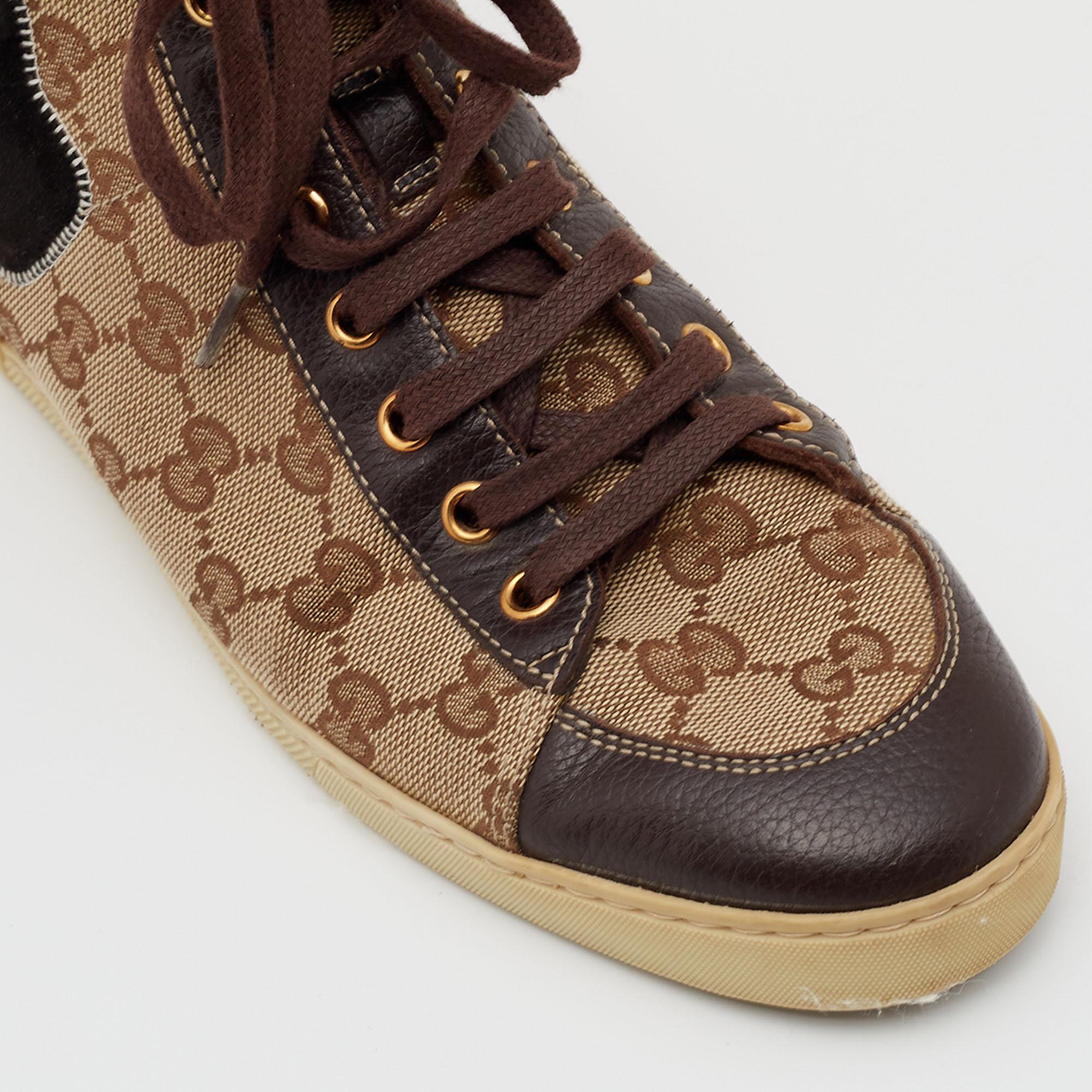 Gucci Beige/Brown Leather And GG Supreme Canvas High Top Sneakers Size 37 3