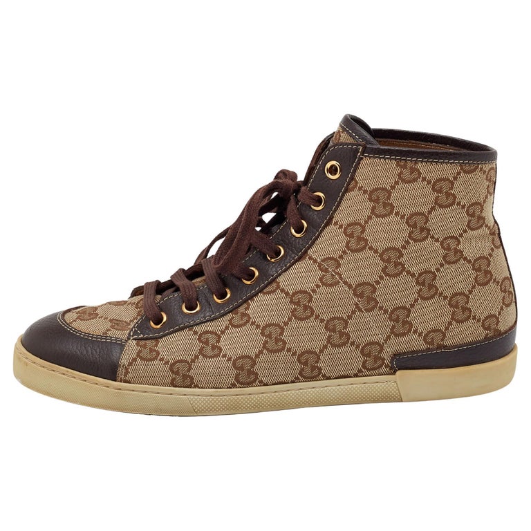 Gucci Beige/Brown Leather And GG Supreme Canvas High Top Sneakers Size 37  at 1stDibs