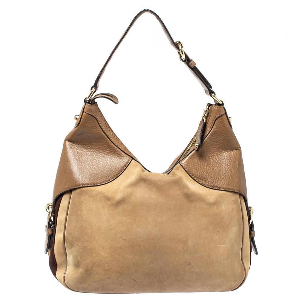 Gucci Beige/Brown Leather Medium Web Horsebit Heritage Hobo In Good Condition In Dubai, Al Qouz 2