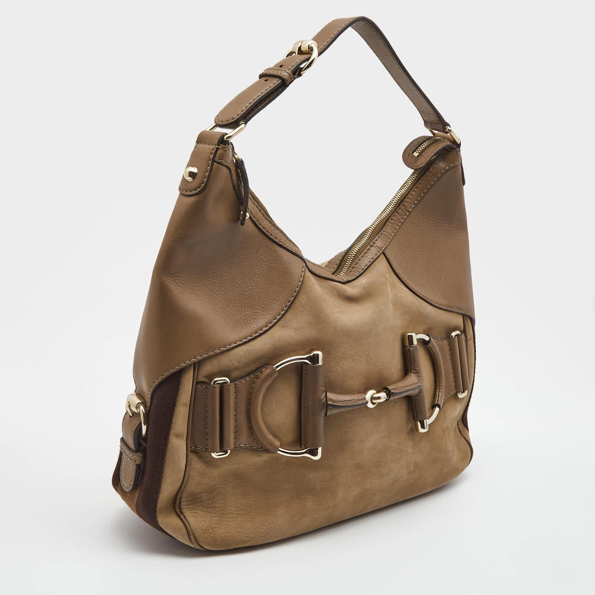 Women's Gucci Beige/Brown Leather Medium Web Horsebit Heritage Hobo