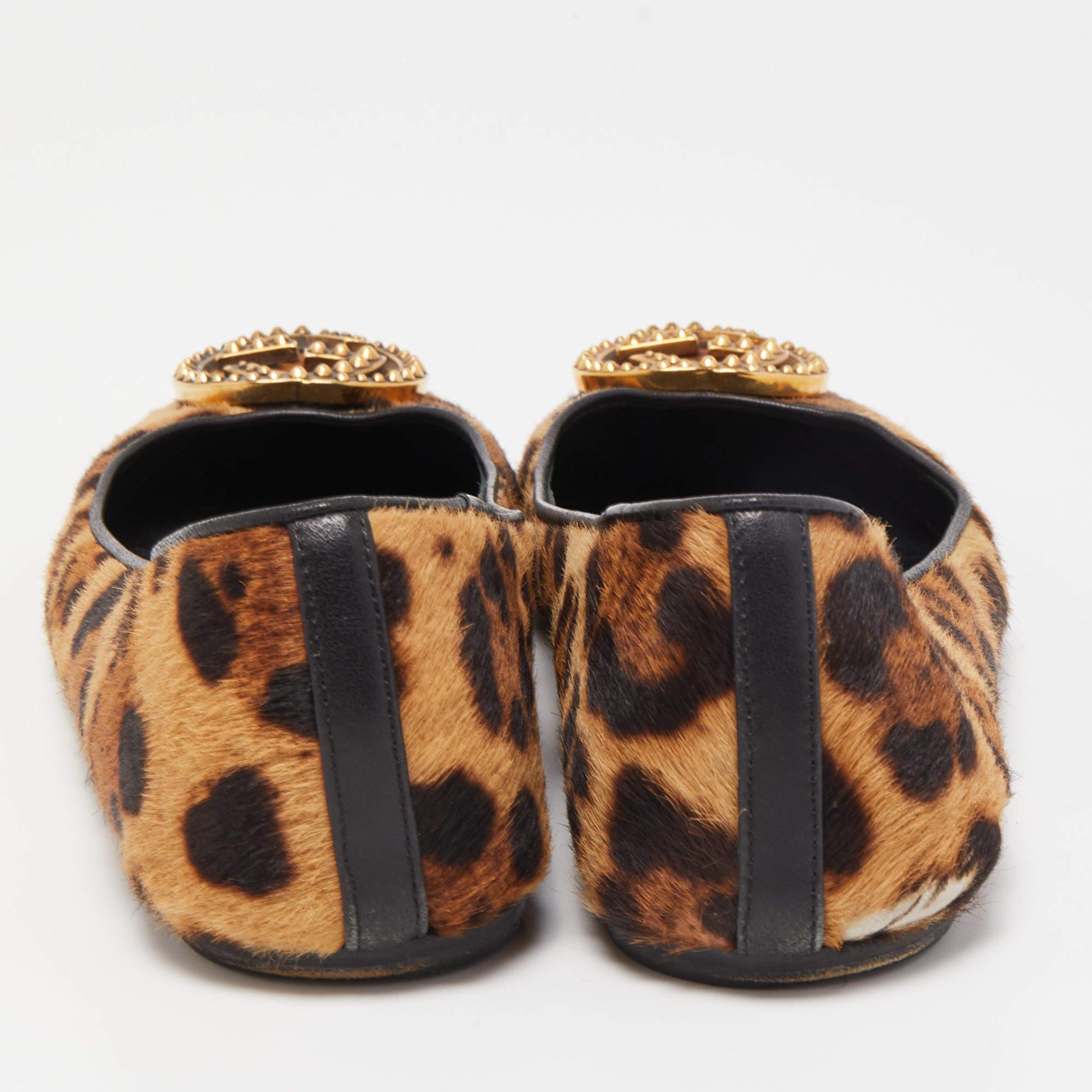 Gucci Beige/Brown Leopard Print Calf Hair Studded Interlocking G Ballet Flats Si 4
