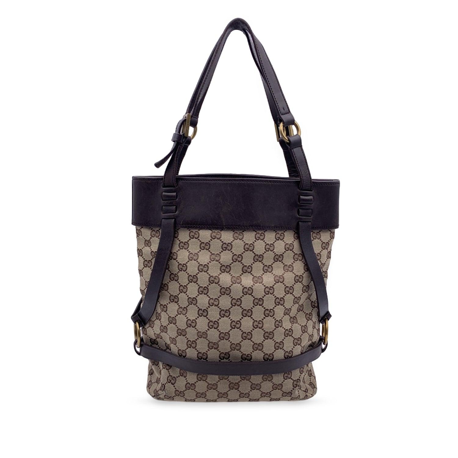 Black Gucci Beige Brown Monogram Canvas Bucket Shoulder Bag Tote For Sale