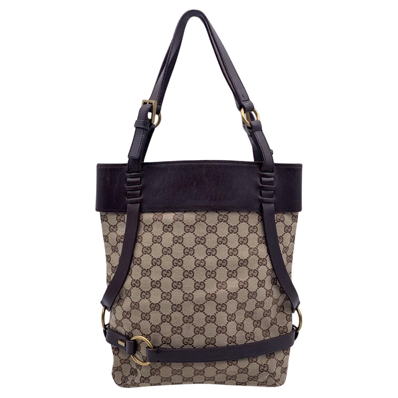 Gucci Beige Brown Monogram Canvas Bucket Shoulder Bag Tote For Sale