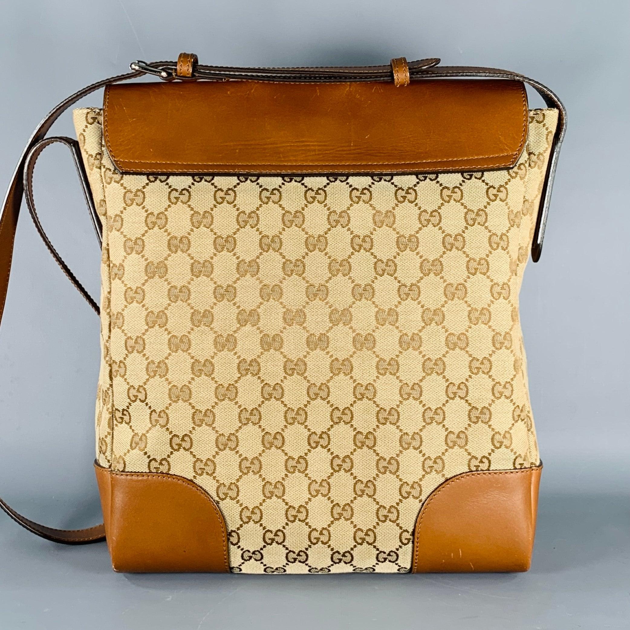 GUCCI Beige Brown Monogram Canvas Leather Crossbody Bag In Good Condition In San Francisco, CA