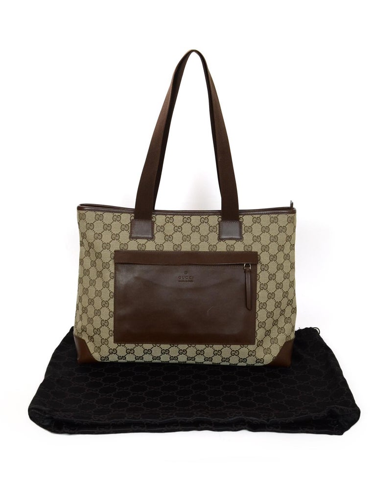 Gucci Beige/Brown Monogram Canvas/Leather Zip Top Tote Bag W/ DB at 1stdibs