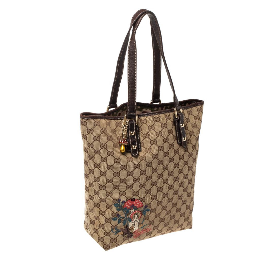 Gucci Beige/Brown Mushroom Embroidered GG Canvas and Leather Tote 3