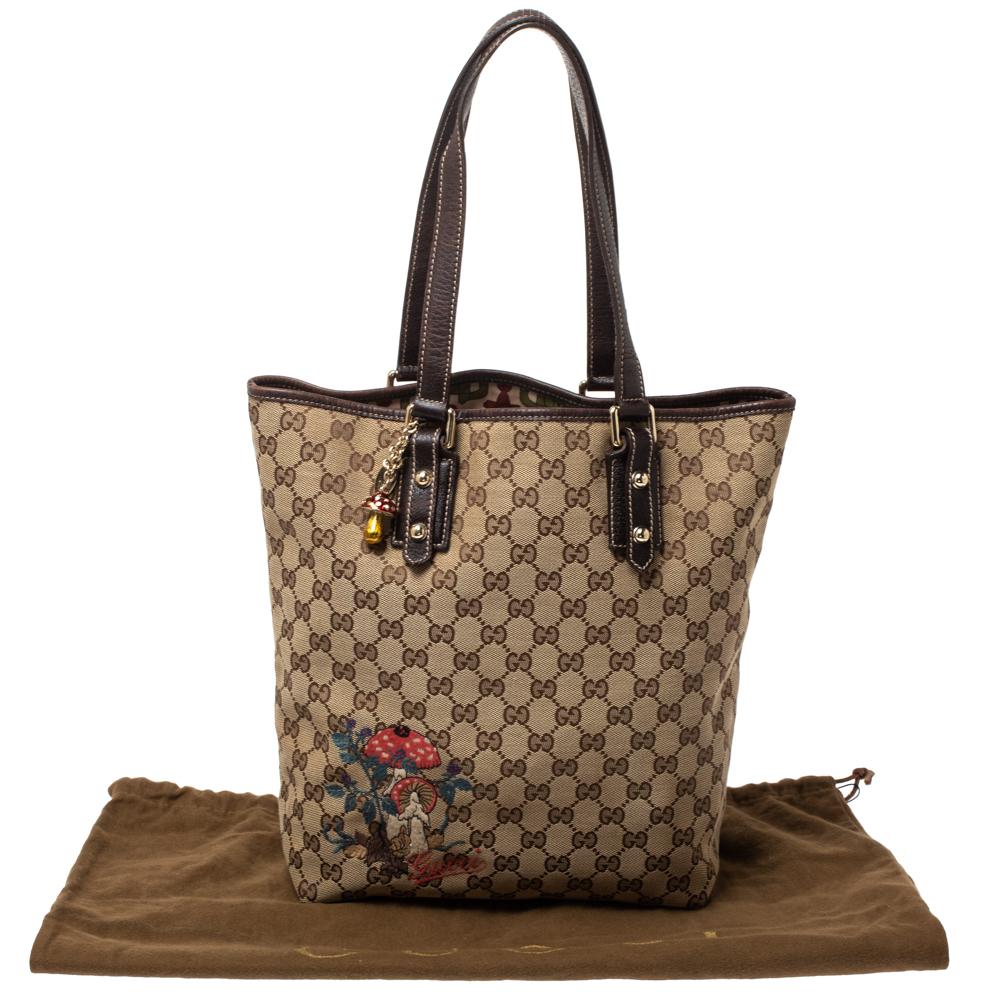 Gucci Beige/Brown Mushroom Embroidered GG Canvas and Leather Tote 5