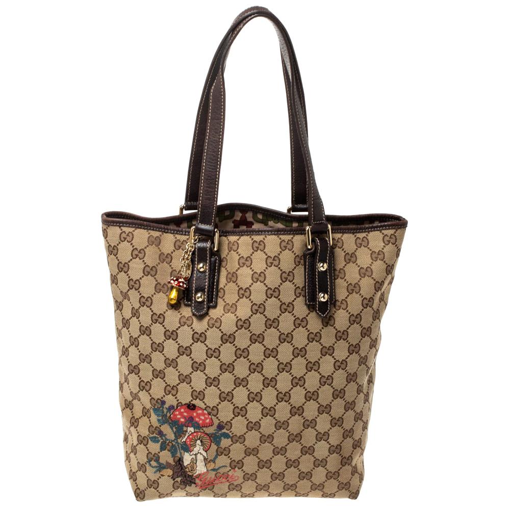 Gucci Beige/Brown Mushroom Embroidered GG Canvas and Leather Tote