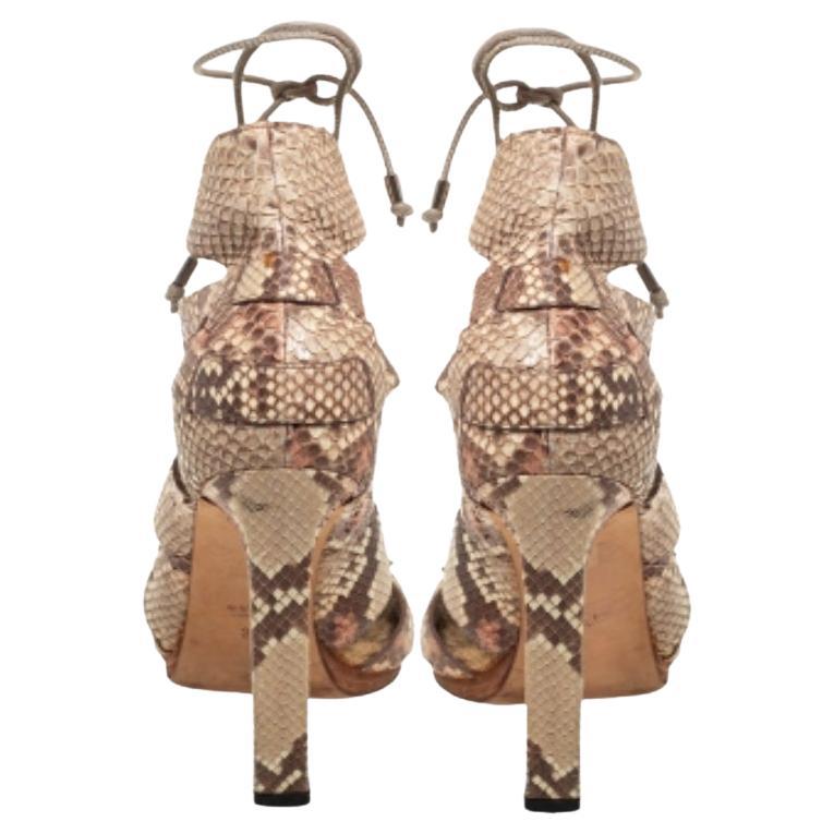 Gucci Beige/Brown Python Leather Ankle Strap Sandals Size 38 In Good Condition For Sale In Dubai, Al Qouz 2