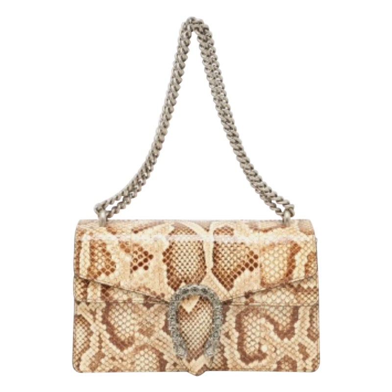 Gucci Borsa a tracolla piccola in pitone beige/marrone con cristalli di Dioniso in vendita