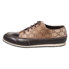 Gucci Supreme Canvas und Leder Cap Toe Low Top Turnschuhe, Beige/Braun Größe 39,5