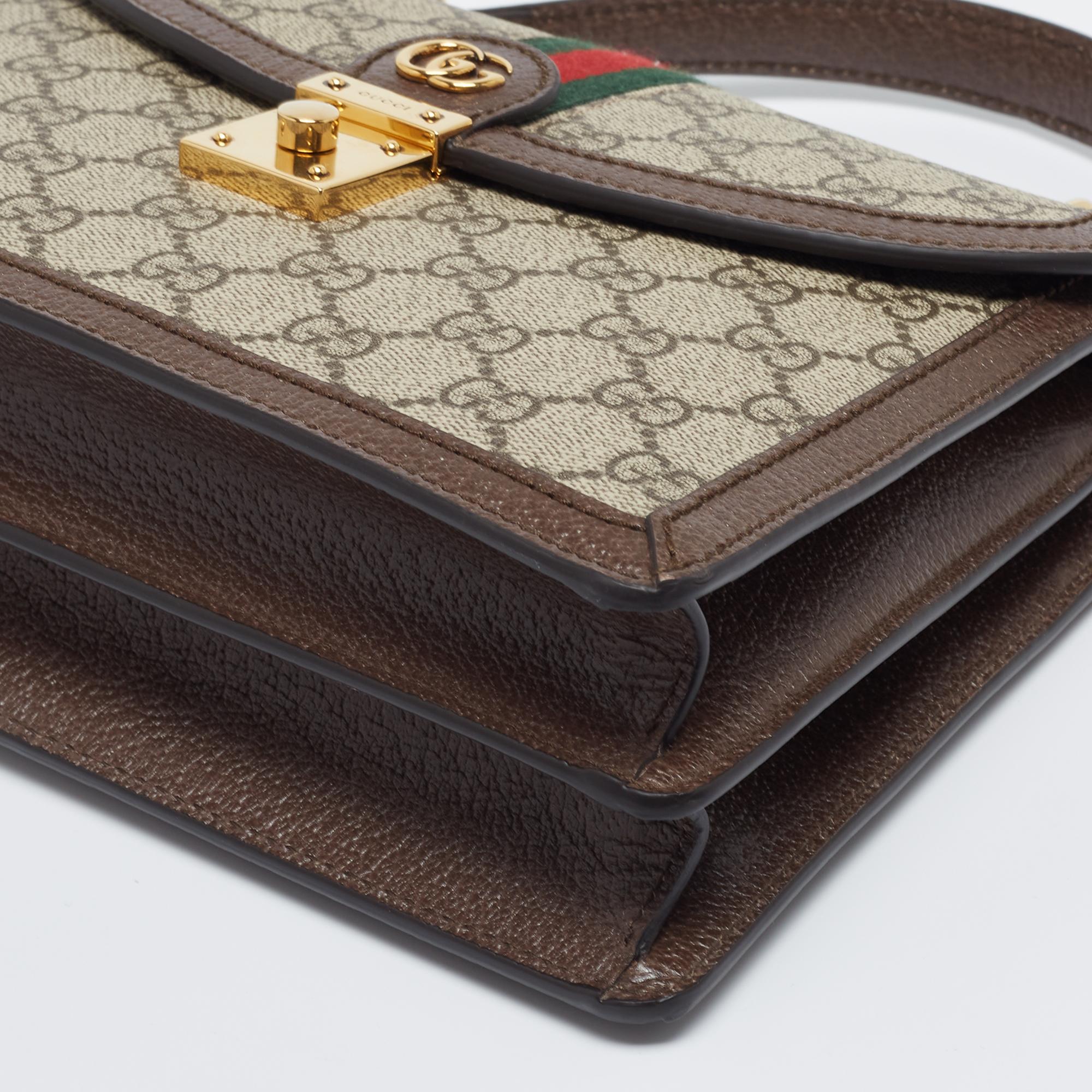 Gucci Beige/Brown Supreme Canvas and Leather Small Ophidia Top Handle Bag 5