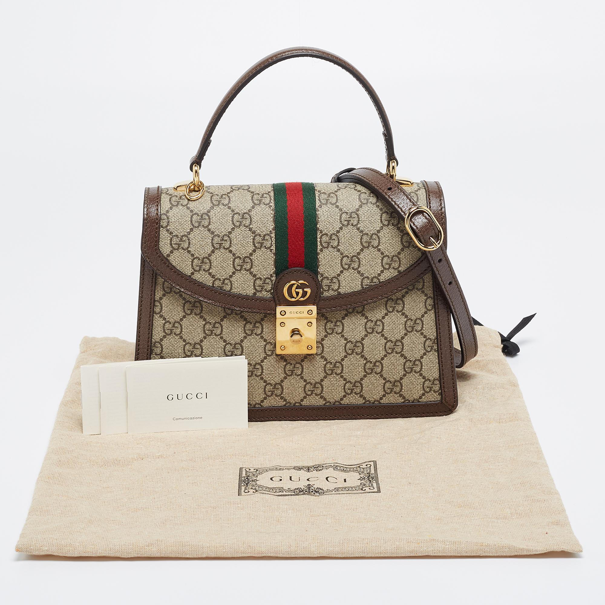 Gucci Beige/Brown Supreme Canvas And Leather Small Ophidia Top Handle Bag 7