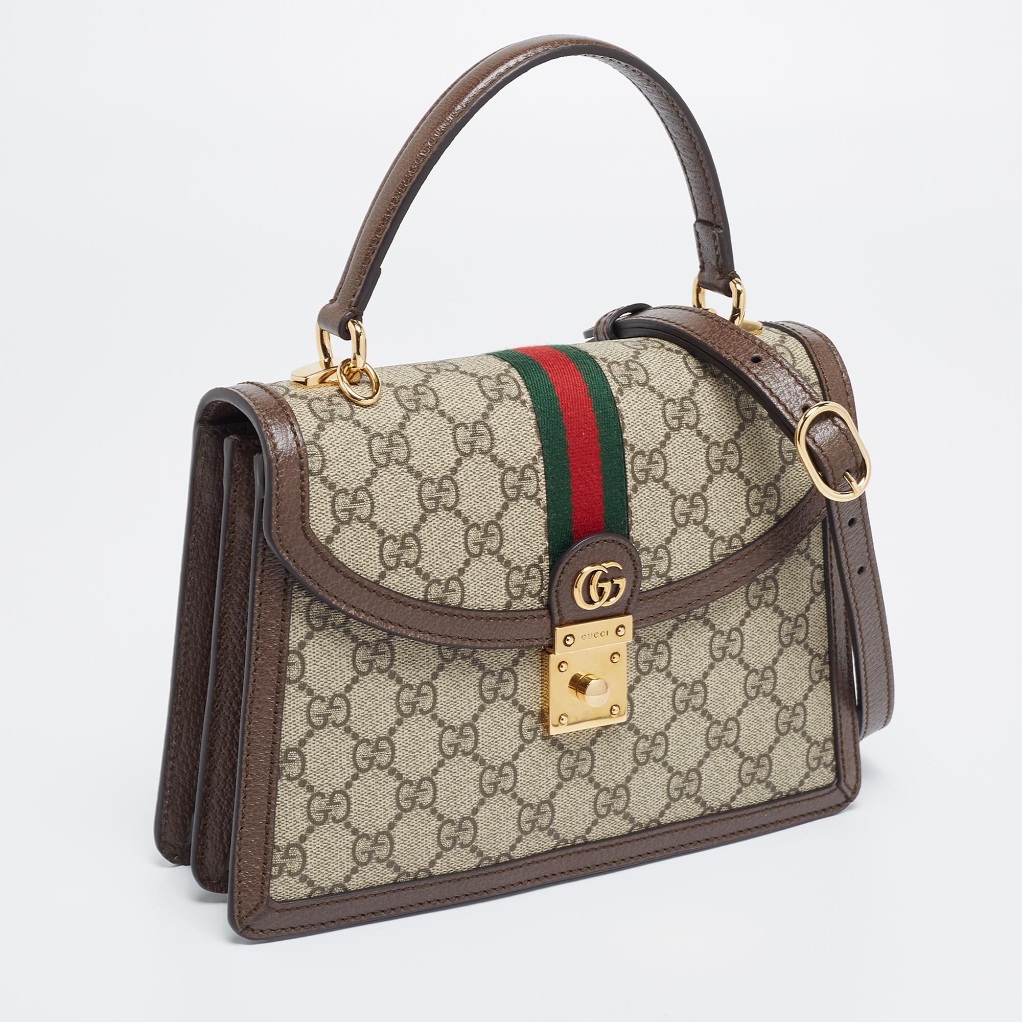 Gray Gucci Beige/Brown Supreme Canvas And Leather Small Ophidia Top Handle Bag